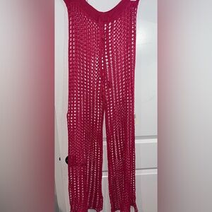 Odiva NWT Crochet Pullover Swimwear Cover Up Pants Size Large in Hot Pink Color